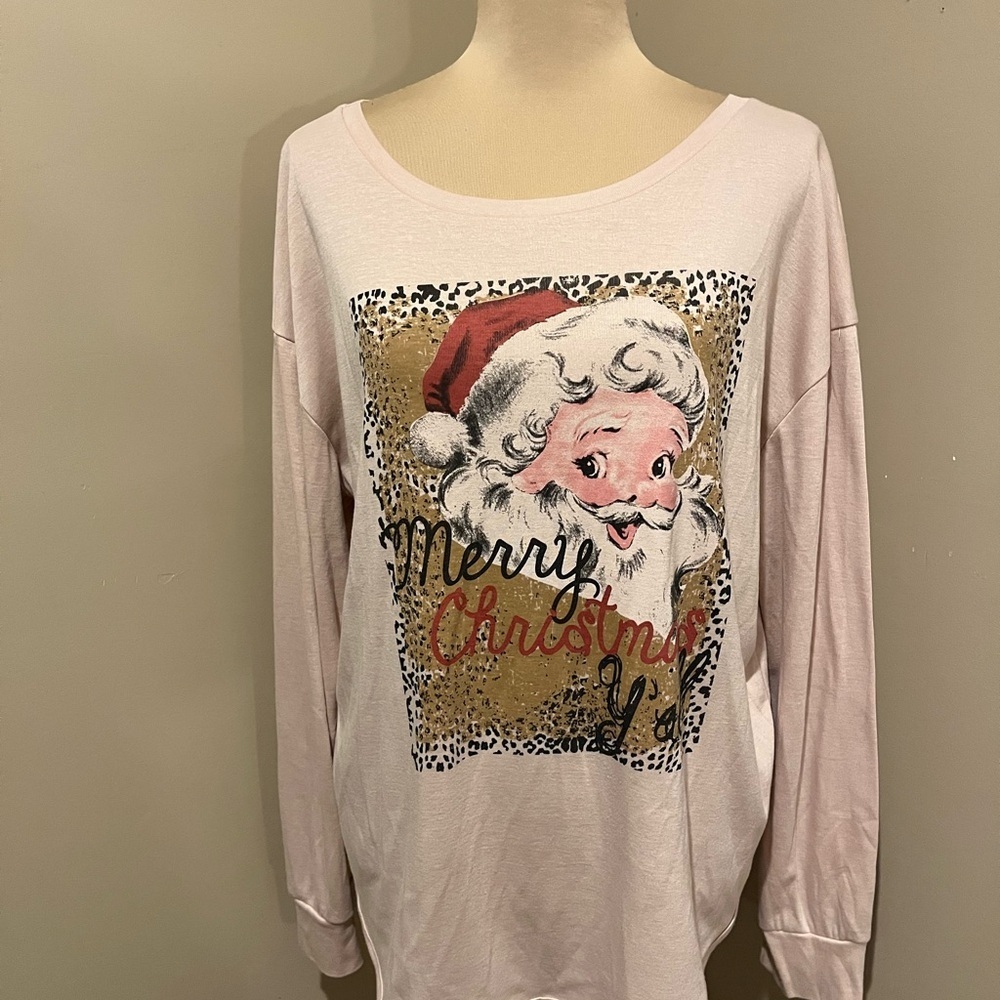 Southern Grace Light Pink Long Sleeve "Merry Christmas" Santa Tee Scoop neck, Md